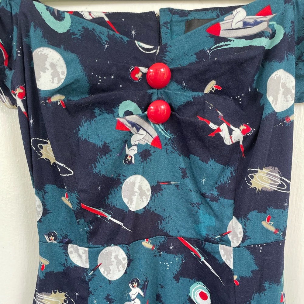 Collectif Blue Cosmic Space Babe Rocket Print Dress WITH POCKETS!!! - Picture 5 of 8